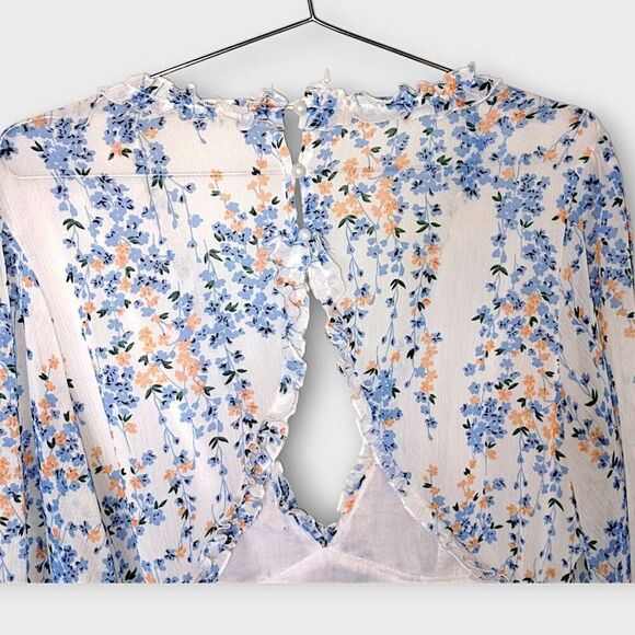 Ladies Dress Sz XL Ruffles Floral Blue Low V Open Back Coquette Cottagecore Shee - Picture 6 of 14